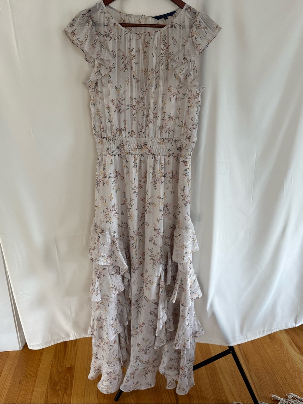 RACHEL Rachel Roy Light Cream Floral Ruffle Maxi Dress